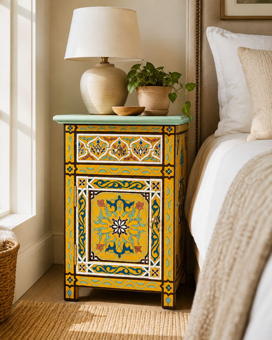 Colorful Moroccan bedside cabinet with brass ring-pull hardware 