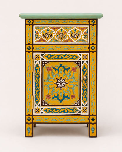 Front view of mustard yellow Moroccan painted nightstand 