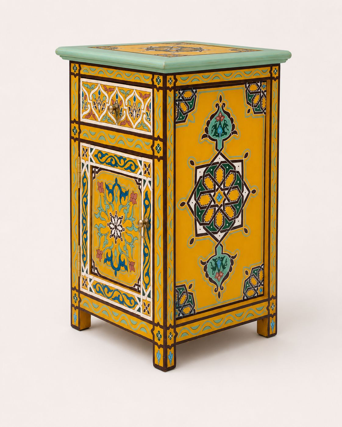 Side view of handmade Moroccan cabinet with geometric patterns 
