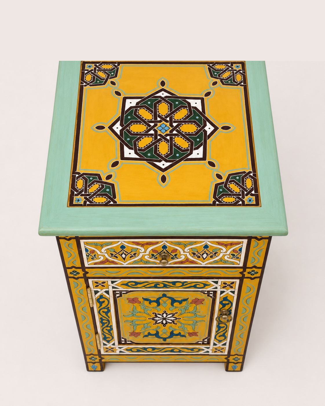 Yellow boho bedside table with mint green top and storage 