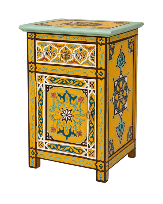 Yellow and mint Moroccan hand-painted nightstand with drawer and cabinet 
