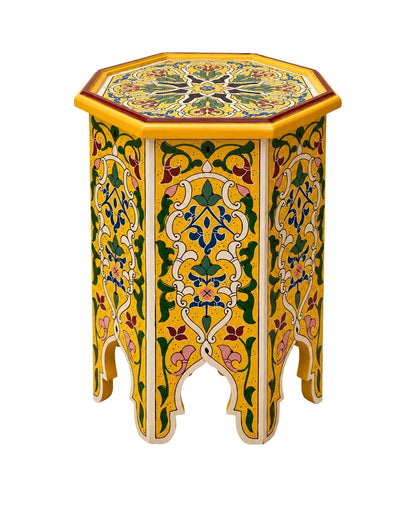 Hand-painted Moroccan octagonal side table in yellow wood with detailed green and blue floral arabesque motifs.