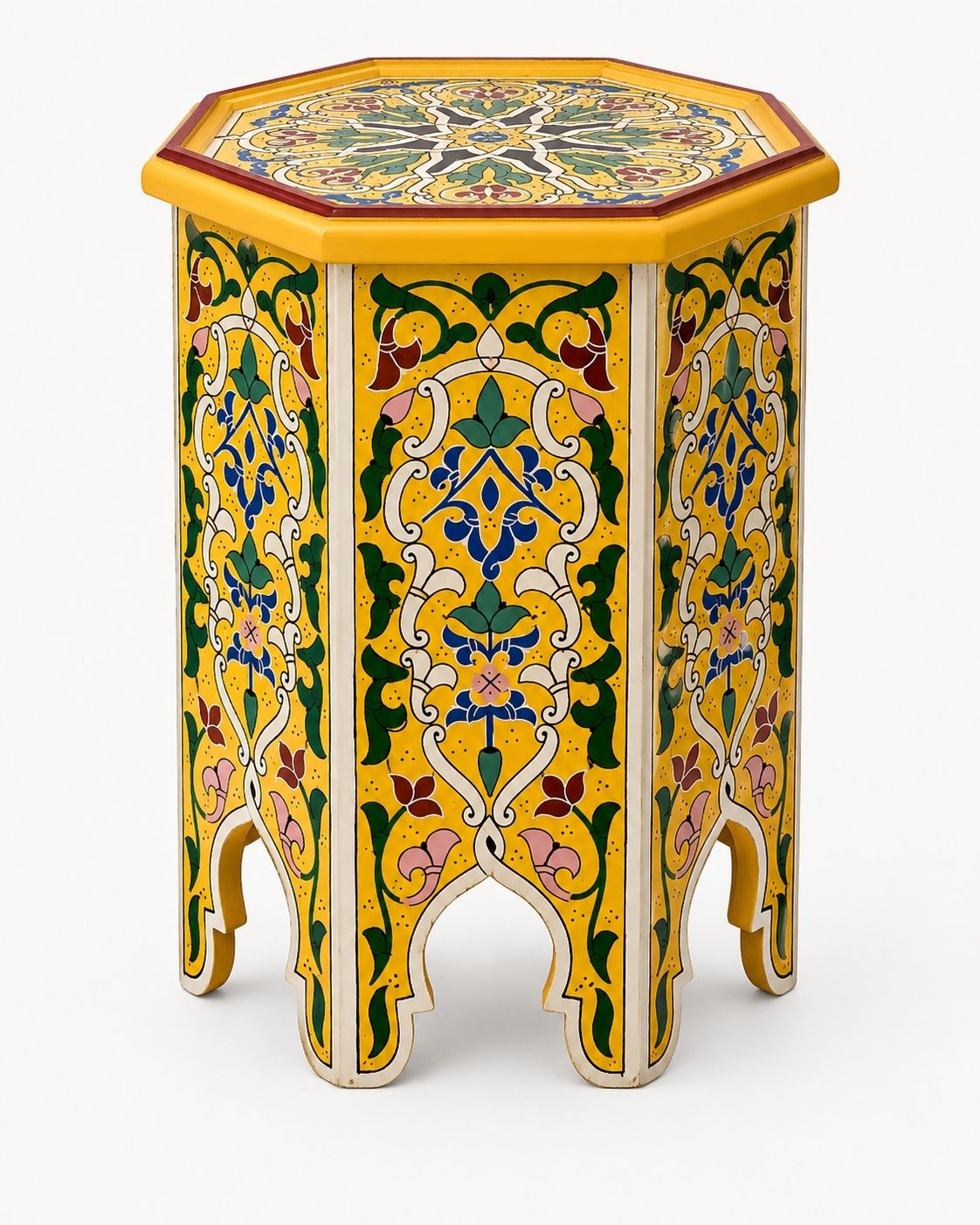 Premium Moroccan furniture piece used as a colorful living room end table or artisan plant stand.