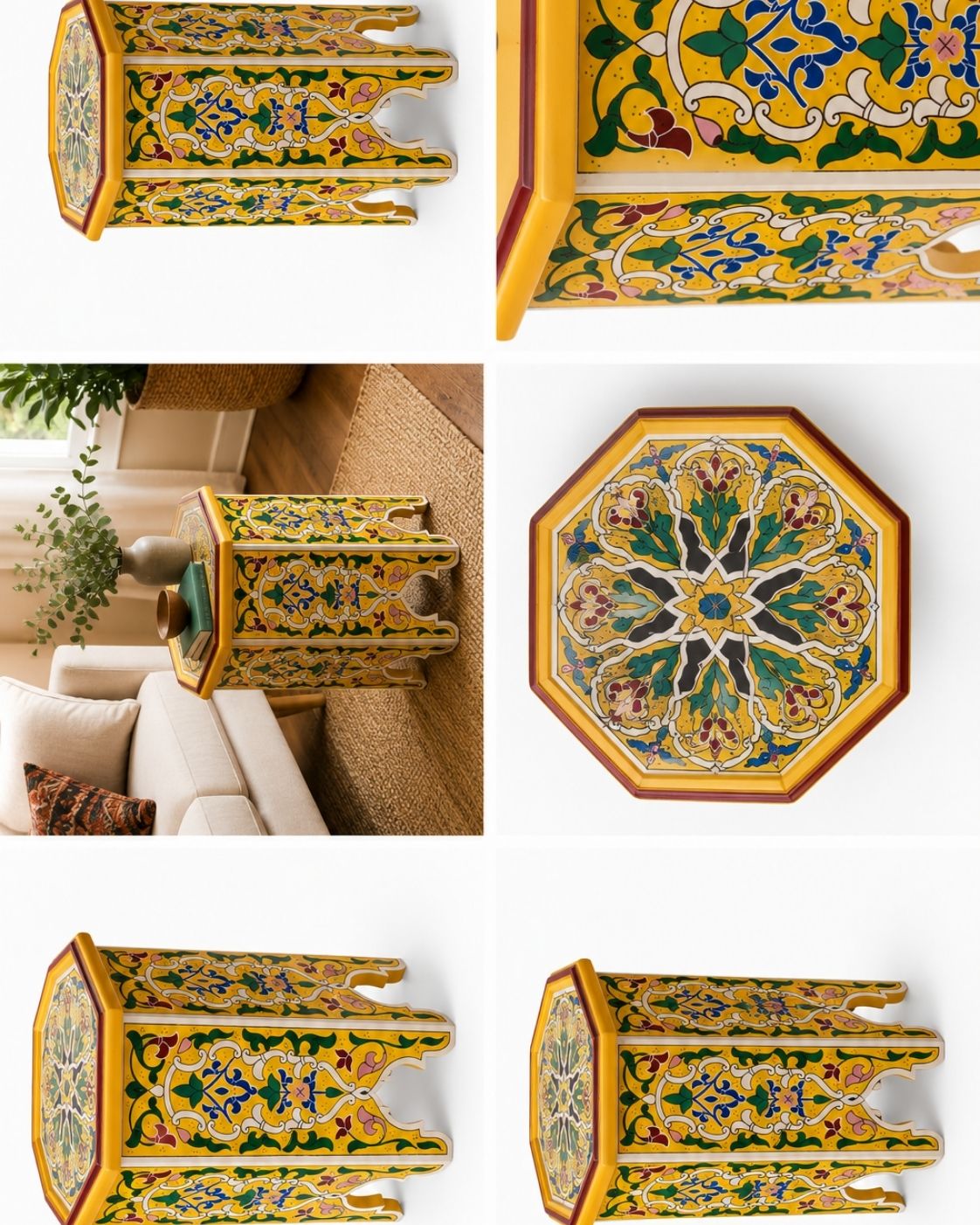 A collage showing multiple views of a decorative octagonal side table with ornate hand-painted floral patterns in yellow, green, blue, red, and black. Some panels show the table alone on a white background, while others show it styled in a living room setting next to a sofa.