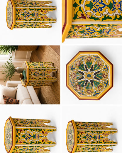 A collage showing multiple views of a decorative octagonal side table with ornate hand-painted floral patterns in yellow, green, blue, red, and black. Some panels show the table alone on a white background, while others show it styled in a living room setting next to a sofa.